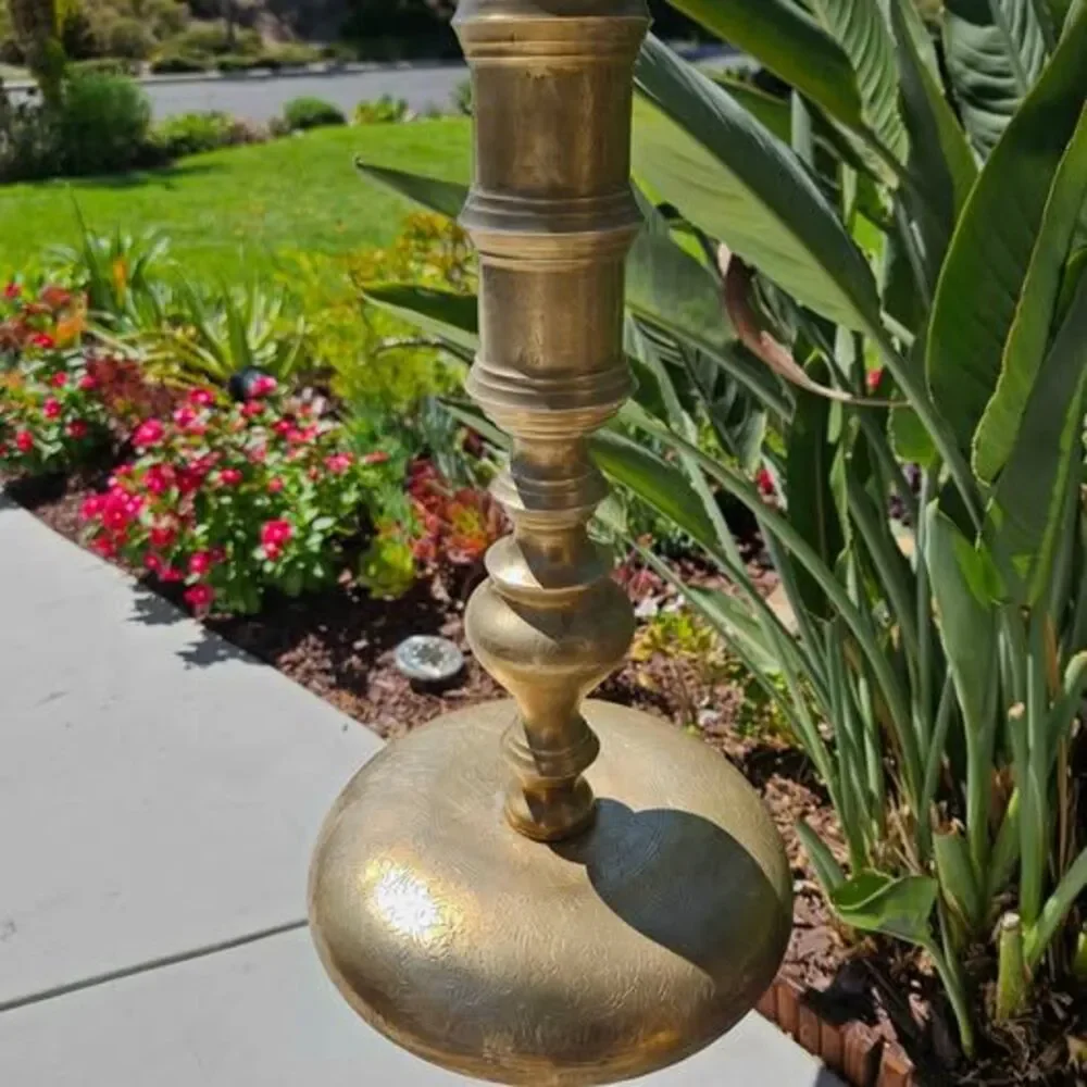 Vintage Pair of XLarge Etched Brass Floor Candle Holders